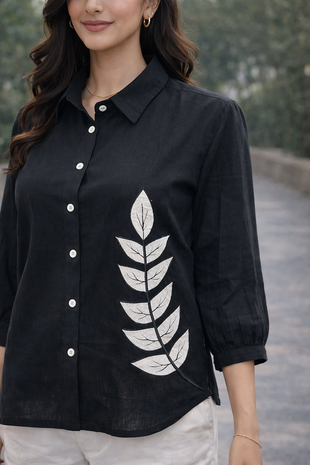 Anvika Onyx Cotton Applique Shirt