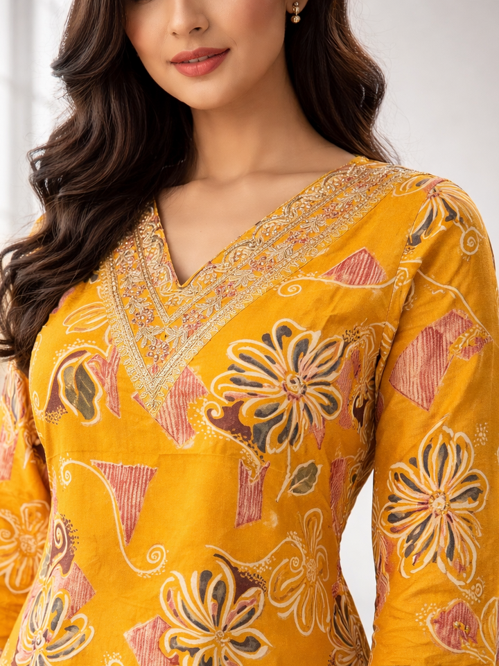 Barnali Mustard Printed Work Kurti