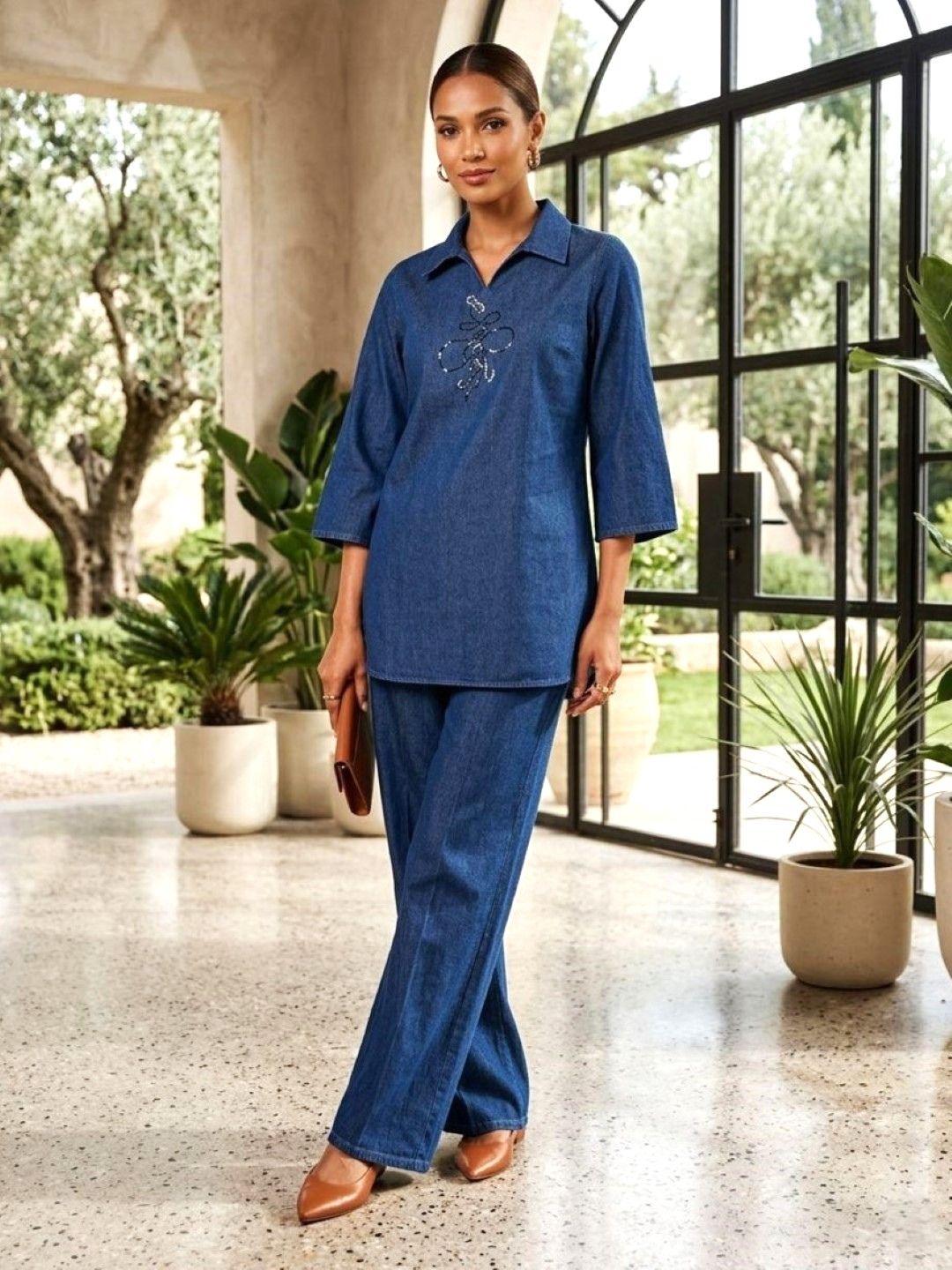 Prisha aero embroidery denim co-ord set