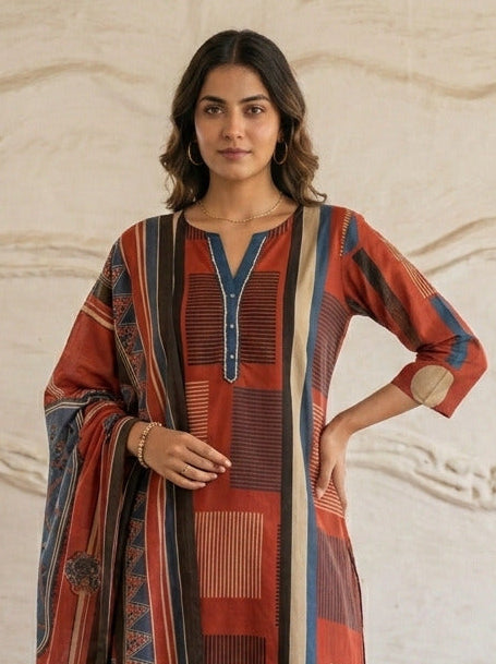 Swades garnet cotton printed suit set