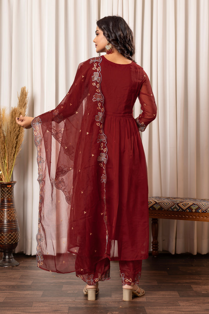 Nisha Merlot Embroidered Suit Set
