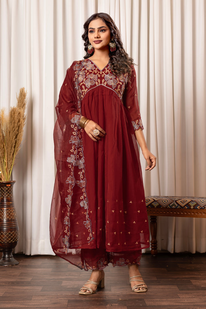 Nisha Merlot Embroidered Suit Set