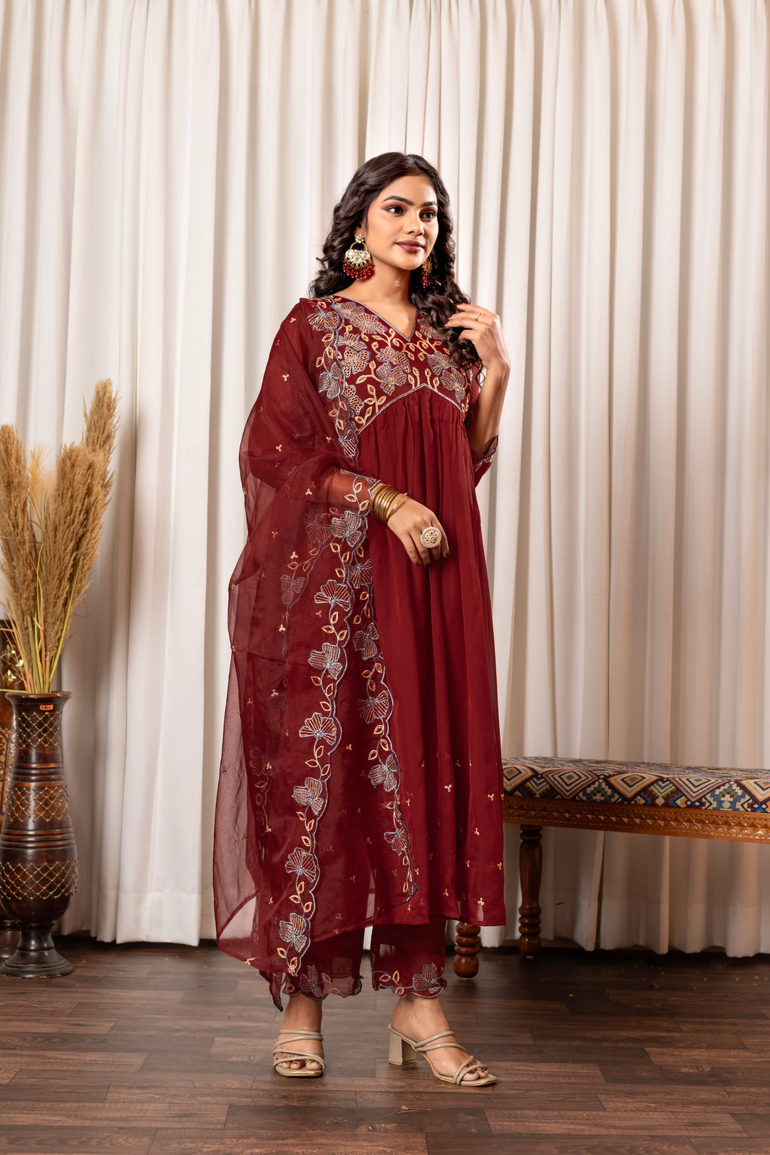 Nisha Merlot Embroidered Suit Set