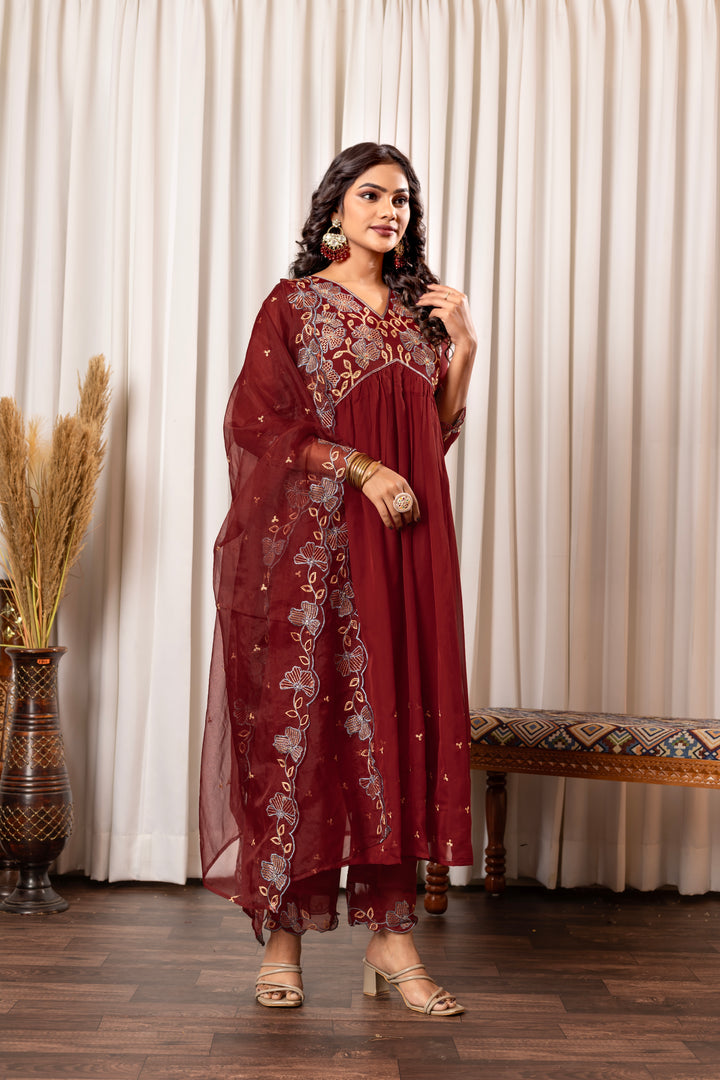 Nisha Merlot Embroidered Suit Set