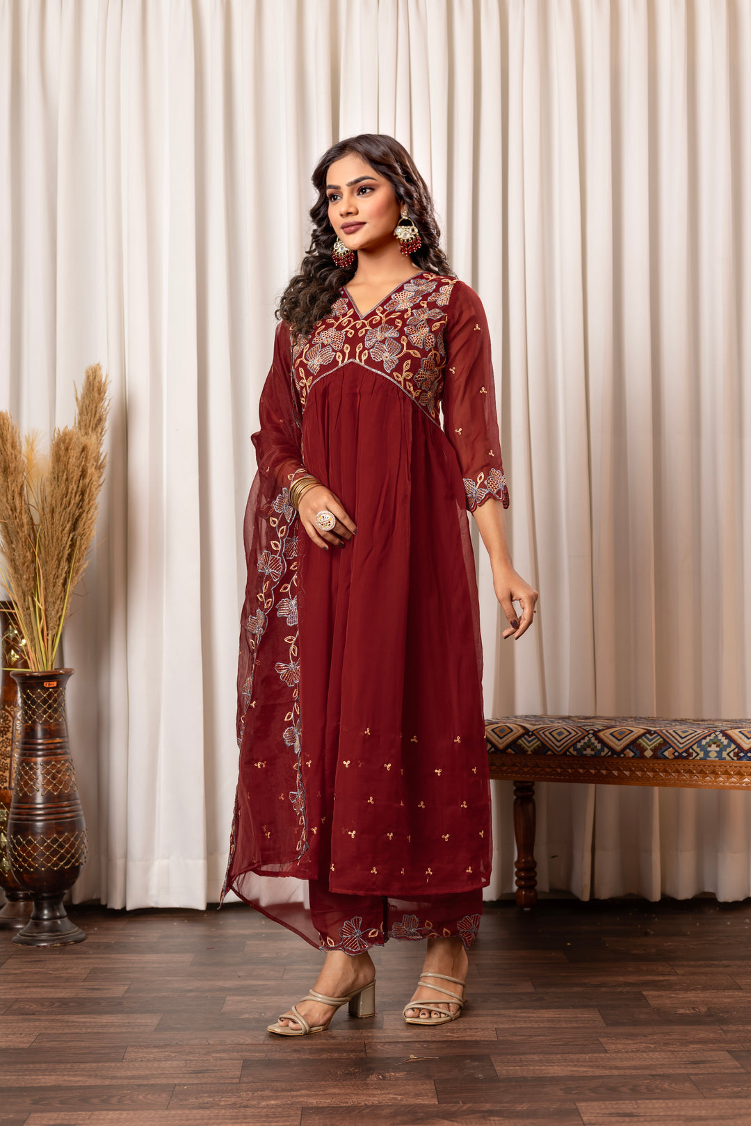 Nisha Merlot Embroidered Suit Set