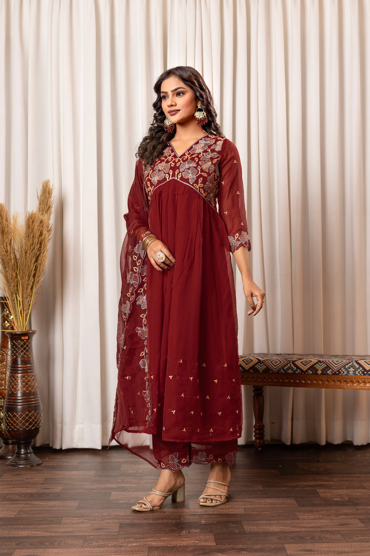 Nisha Merlot Embroidered Suit Set