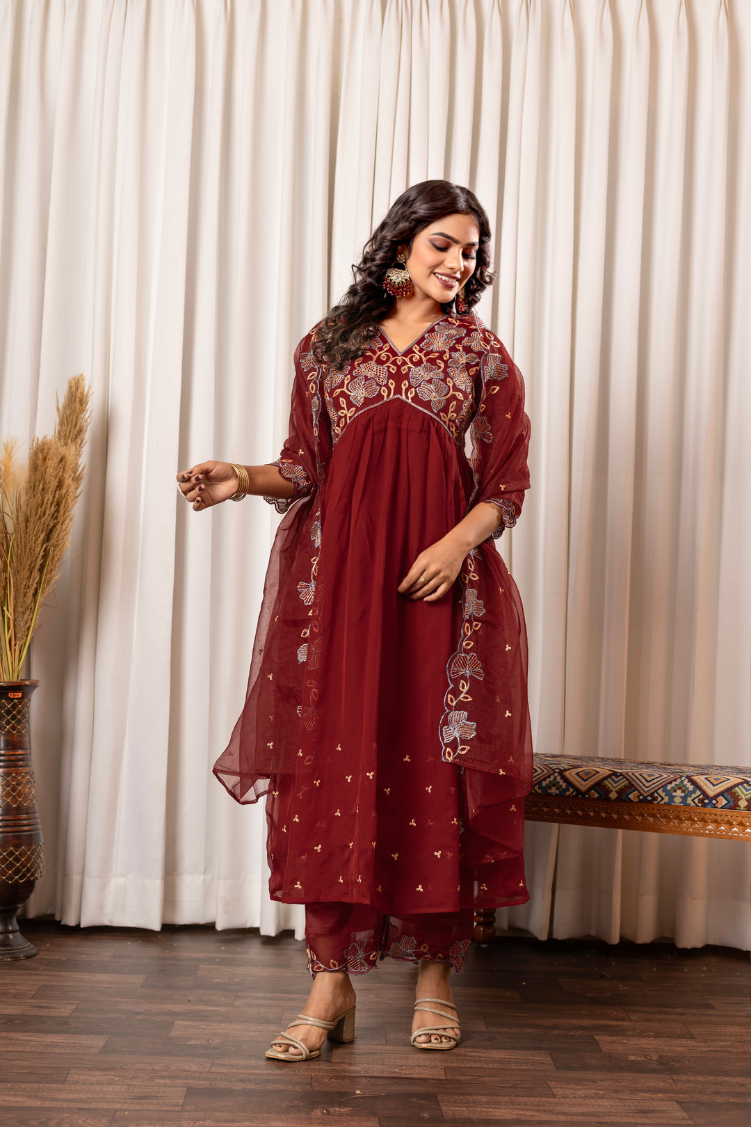 Nisha Merlot Embroidered Suit Set