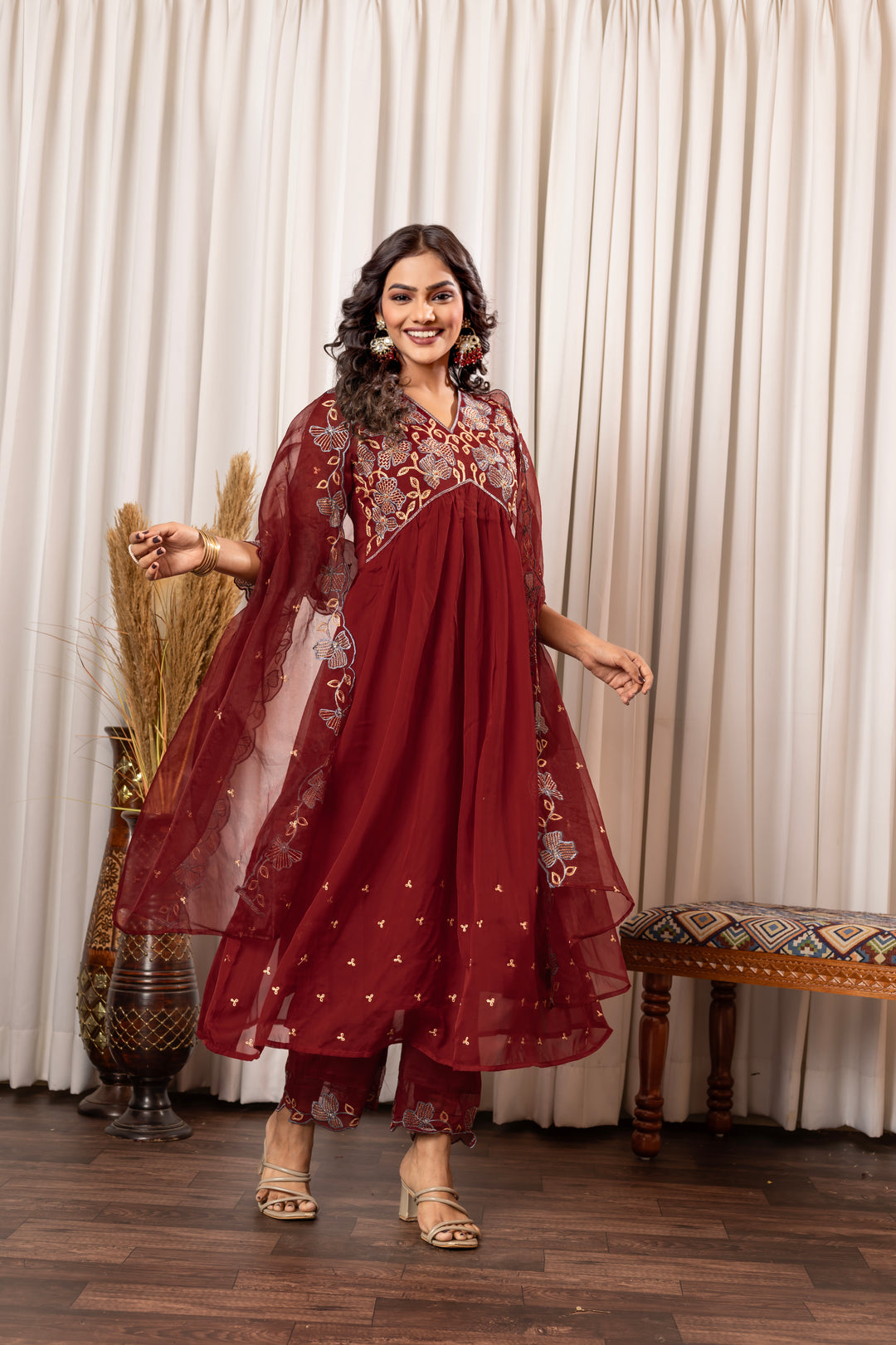 Nisha Merlot Embroidered Suit Set