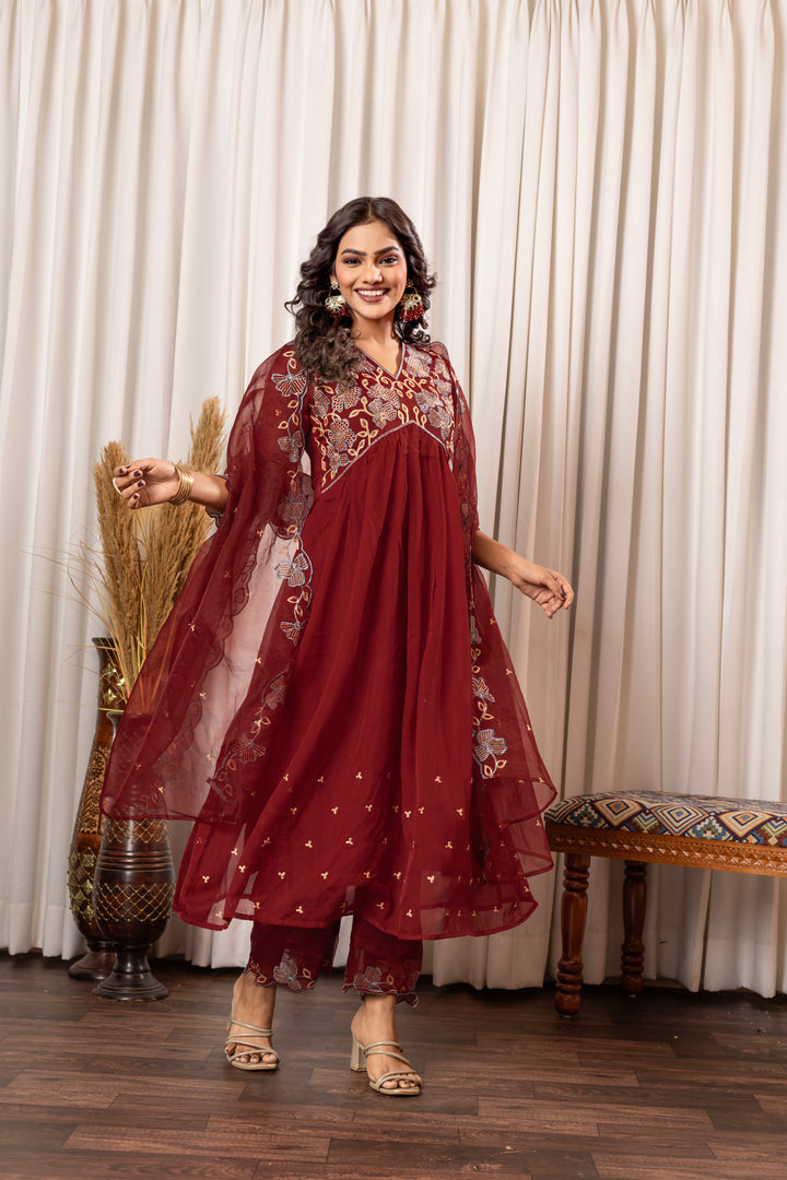 Nisha Merlot Embroidered Suit Set