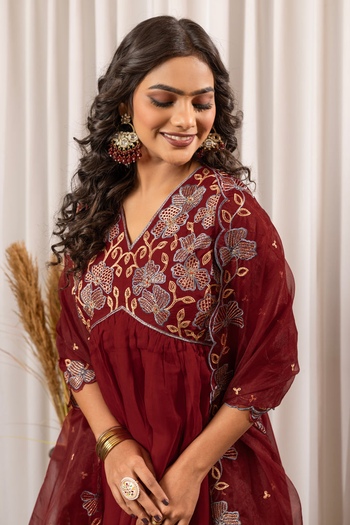 Nisha Merlot Embroidered Suit Set