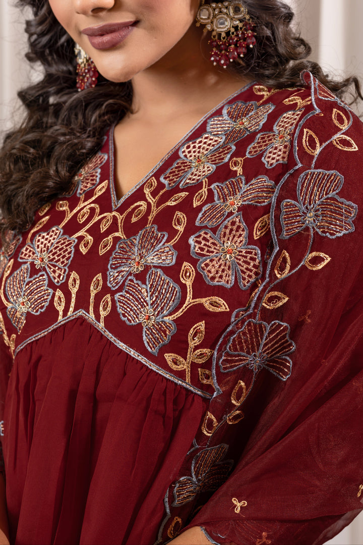 Nisha Merlot Embroidered Suit Set