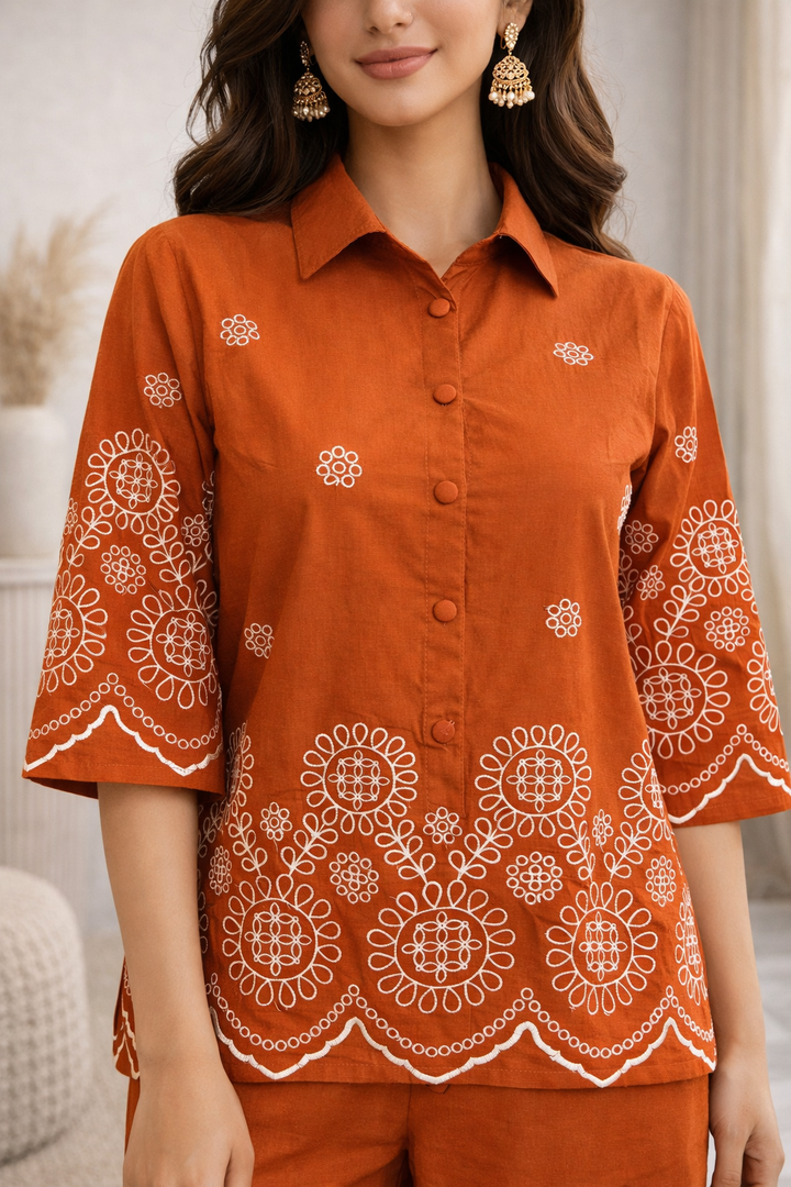 Abira Rust Embroidered Co-ord Set