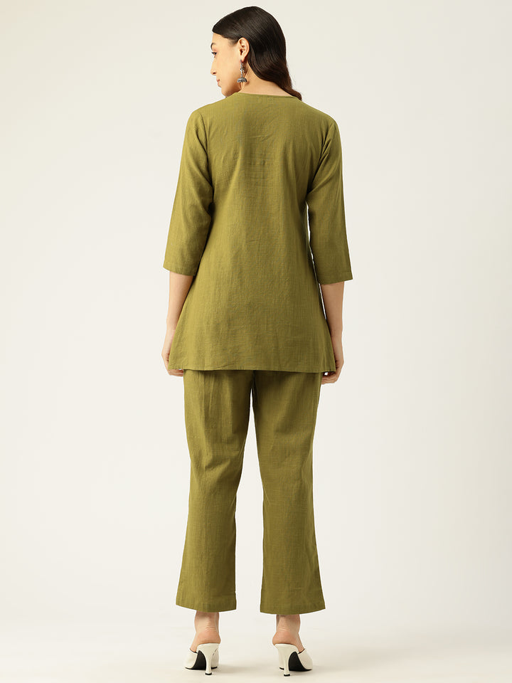 Raya Olive Cotton Embroidered Co-ord Set