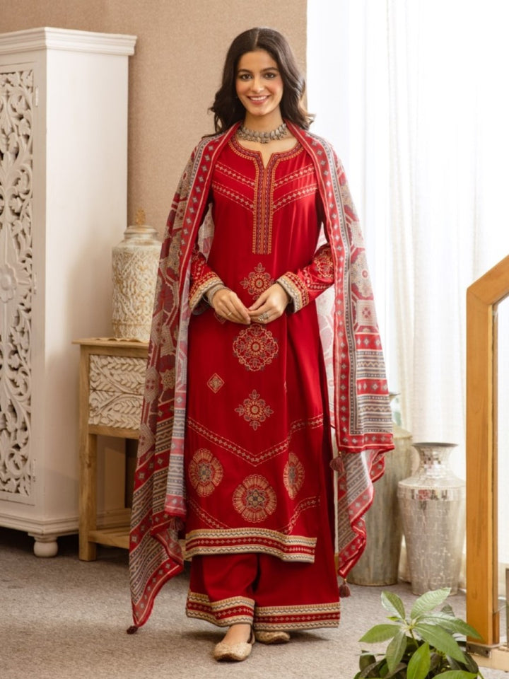 Karen Crimson Embroidery Cotton Suit set