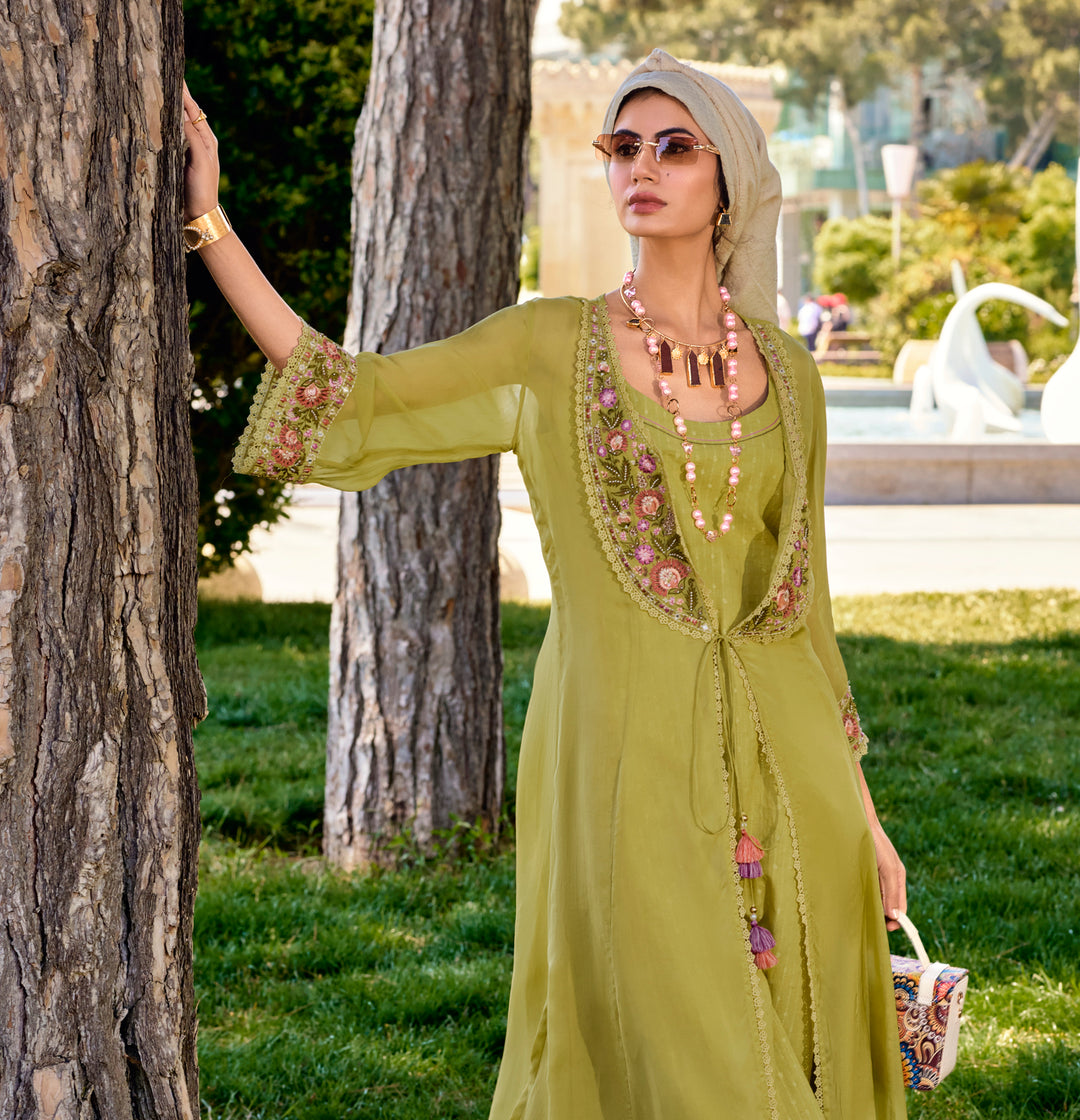 Resha Olive Embroidery Designer Organza Jacket Set