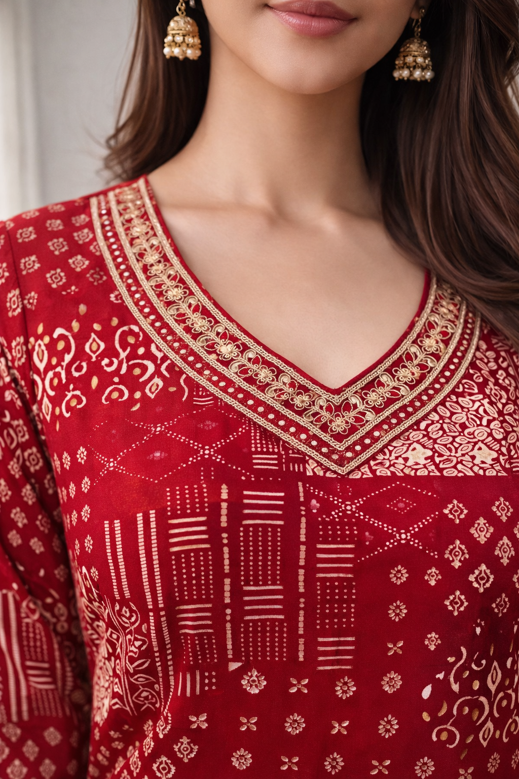 Barnali Carmine Printed Work Kurti