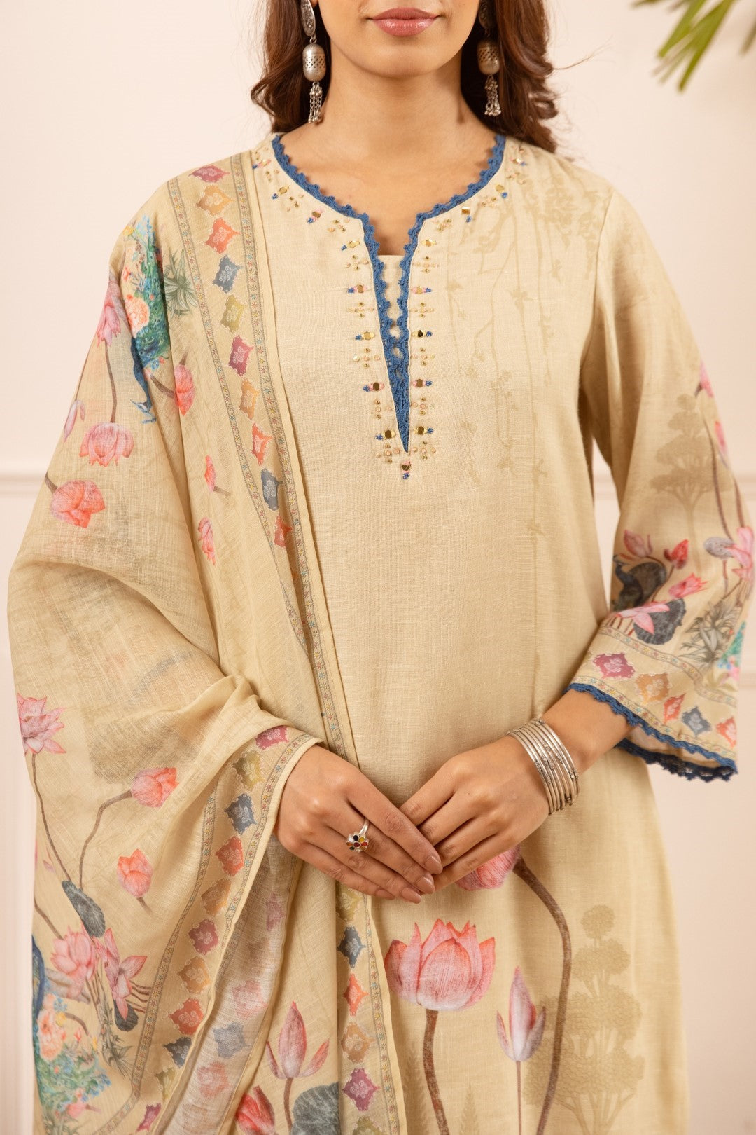 Mihika tan printed cotton suit set
