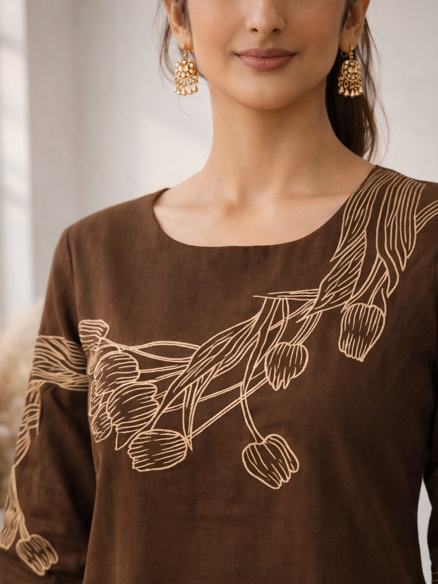 Mishka Coffee Embroidered Kurta Pant Set