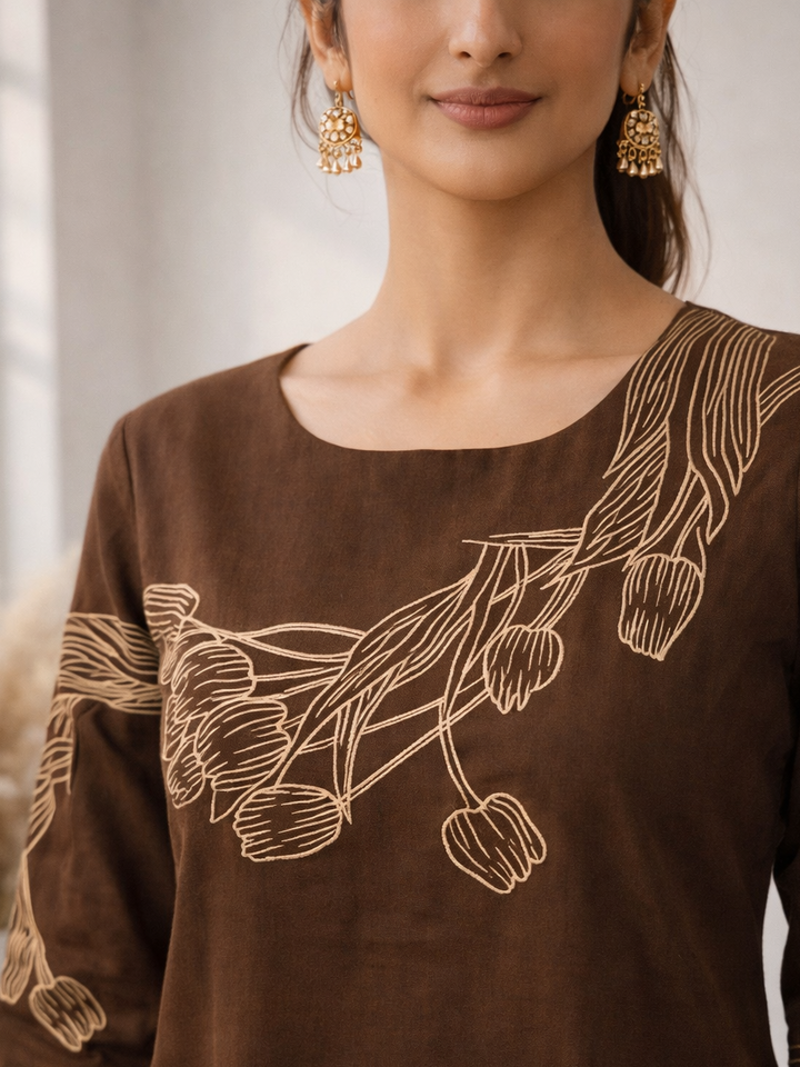 Mishka Coffee Embroidered Kurta Pant Set