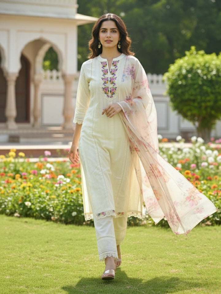 Shabnam Cream Full Work Suit Set with Floral Organza Dupatta