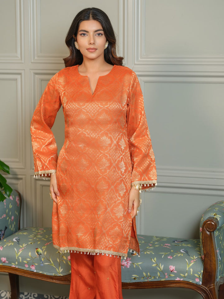 Palash Tangerine Jacquard Top Co-ord Set