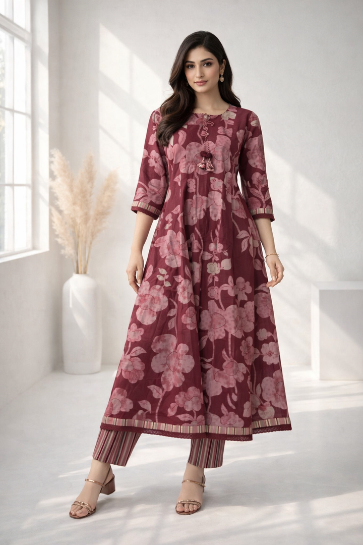 Ridhika Merlot Printed Cotton Suit Set
