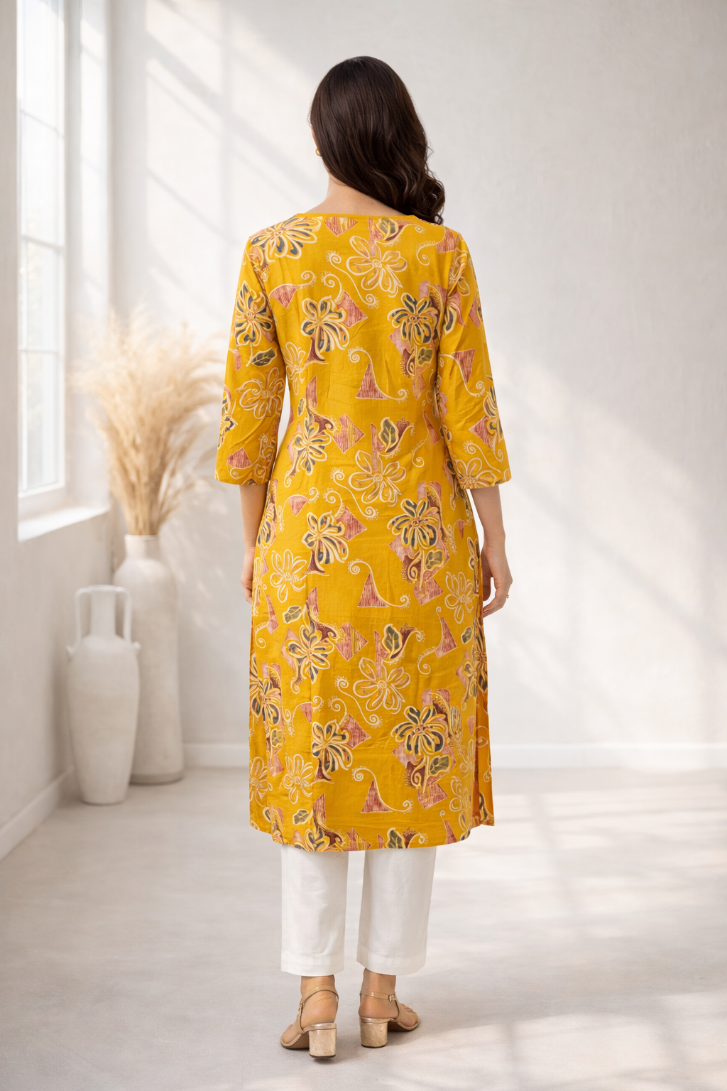 Barnali Mustard Printed Work Kurti