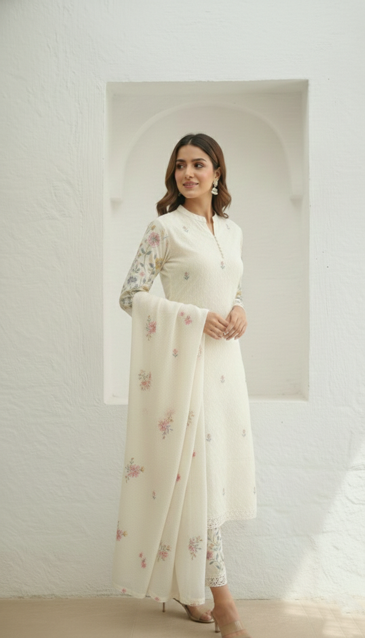 Kirti Mist Cotton Embroidered Suit Set