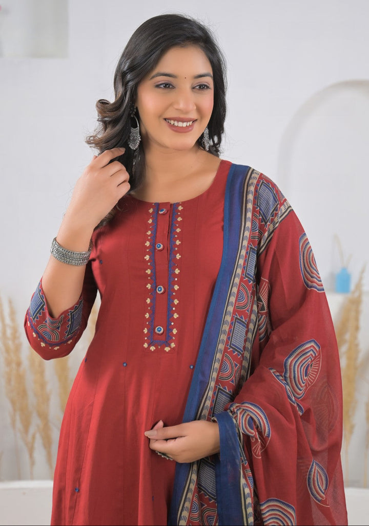 Ridhika Carmine cotton anarkali suit set