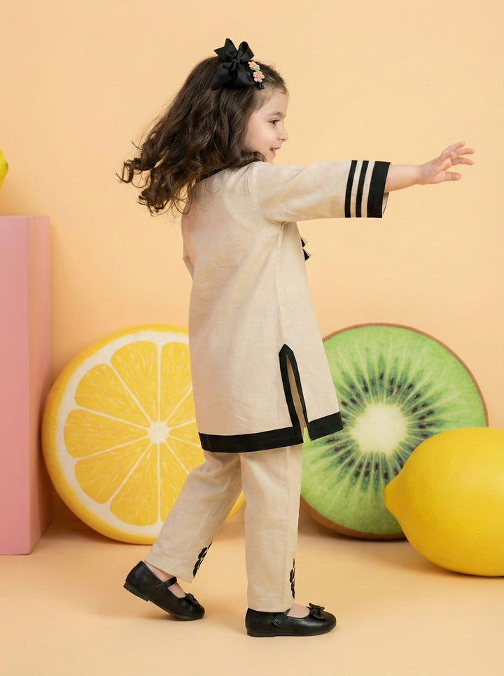 Joy tan cotton kids kurta pant set