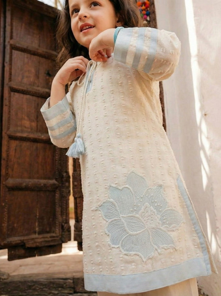 Joy pearl embroidery kids kurta pant set