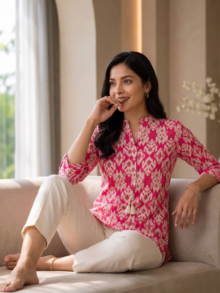 UMA SALMON PRINTED COTTON SHORT TOP