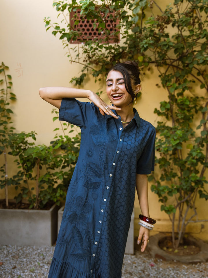 Ravya azure embroidery cotton dress