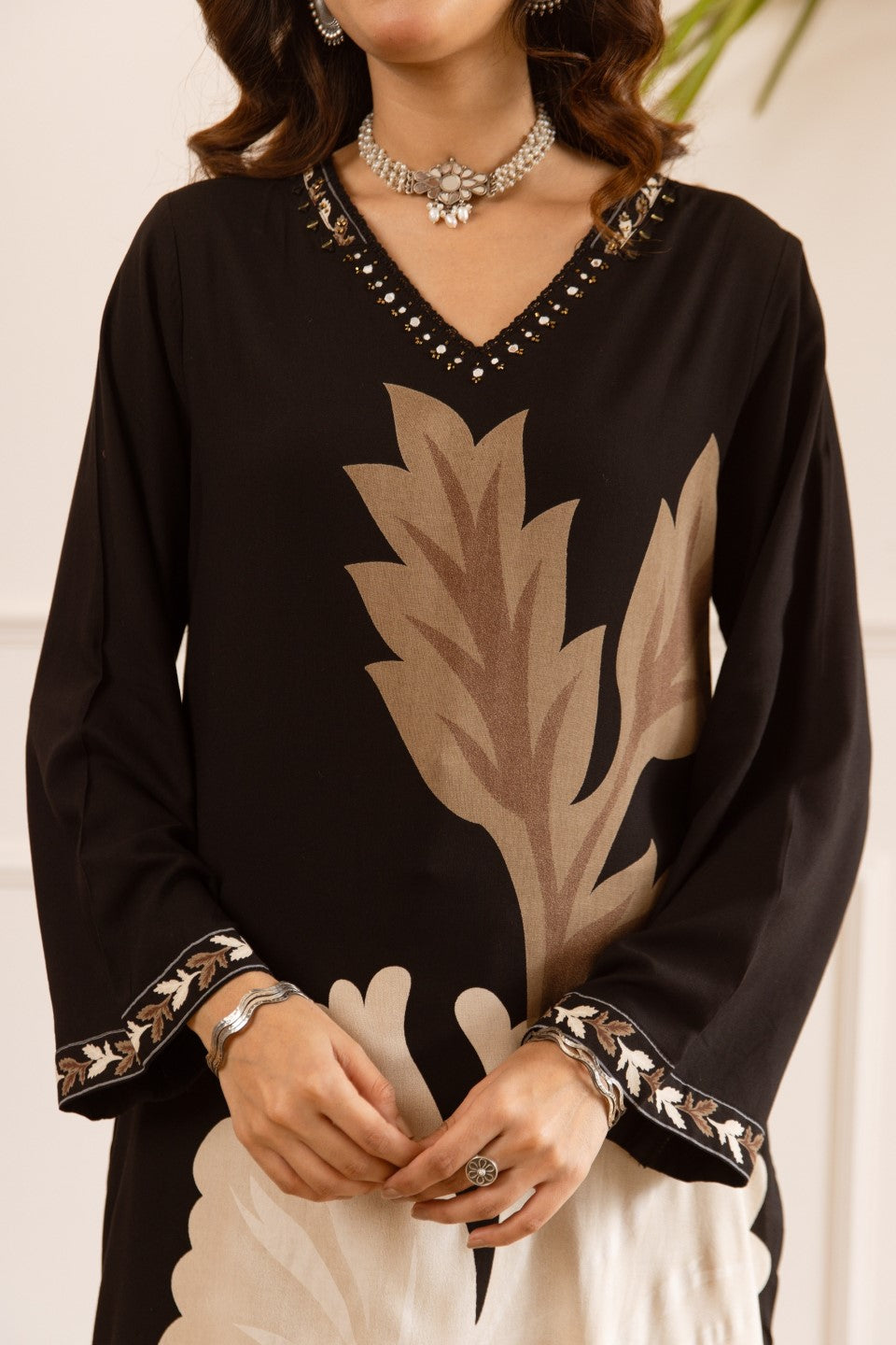 Karen taupe printed cotton kurta pant set