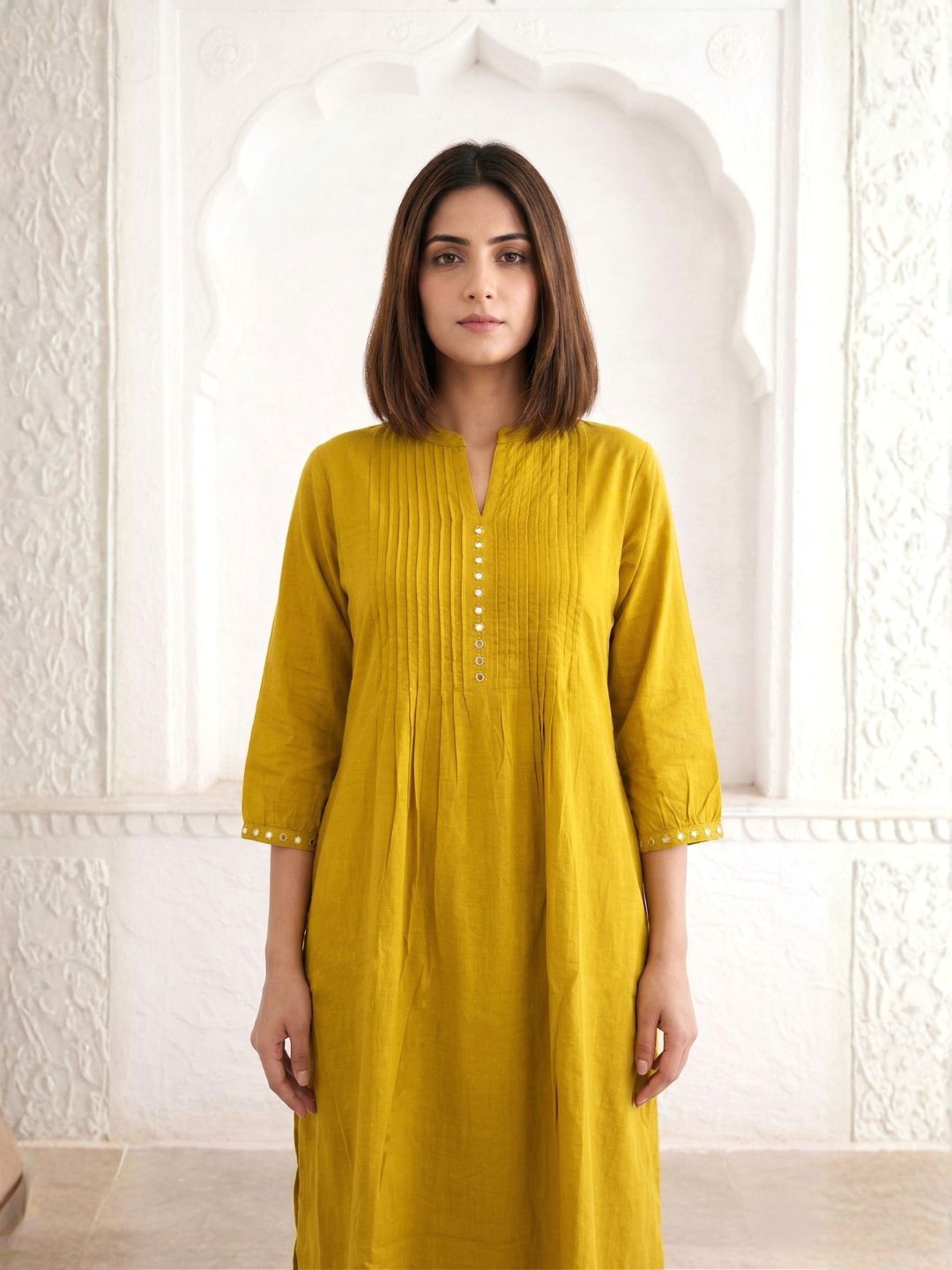 Sarika Gold Cotton Work Kurta Pant Set