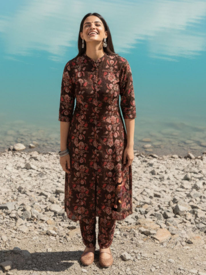 Rachna Charcoal Printed Cotton Kurta Pant Set