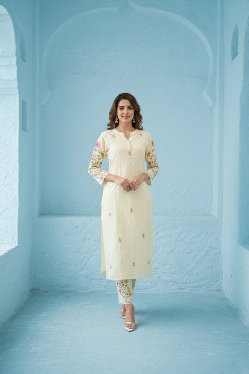Kirti Mist Cotton Embroidered Suit Set