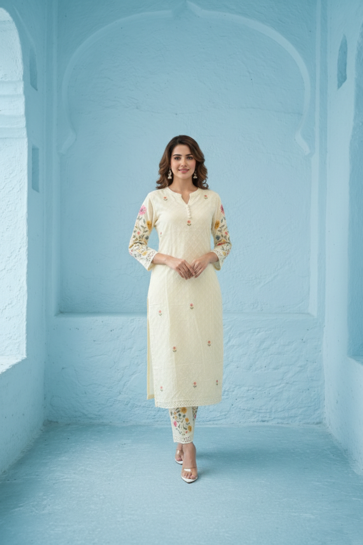Kirti Mist Cotton Embroidered Suit Set