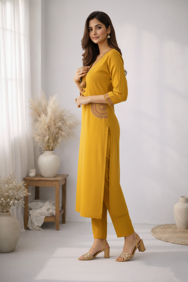 Rushali Mustard Embroidered Kurta Pant Set