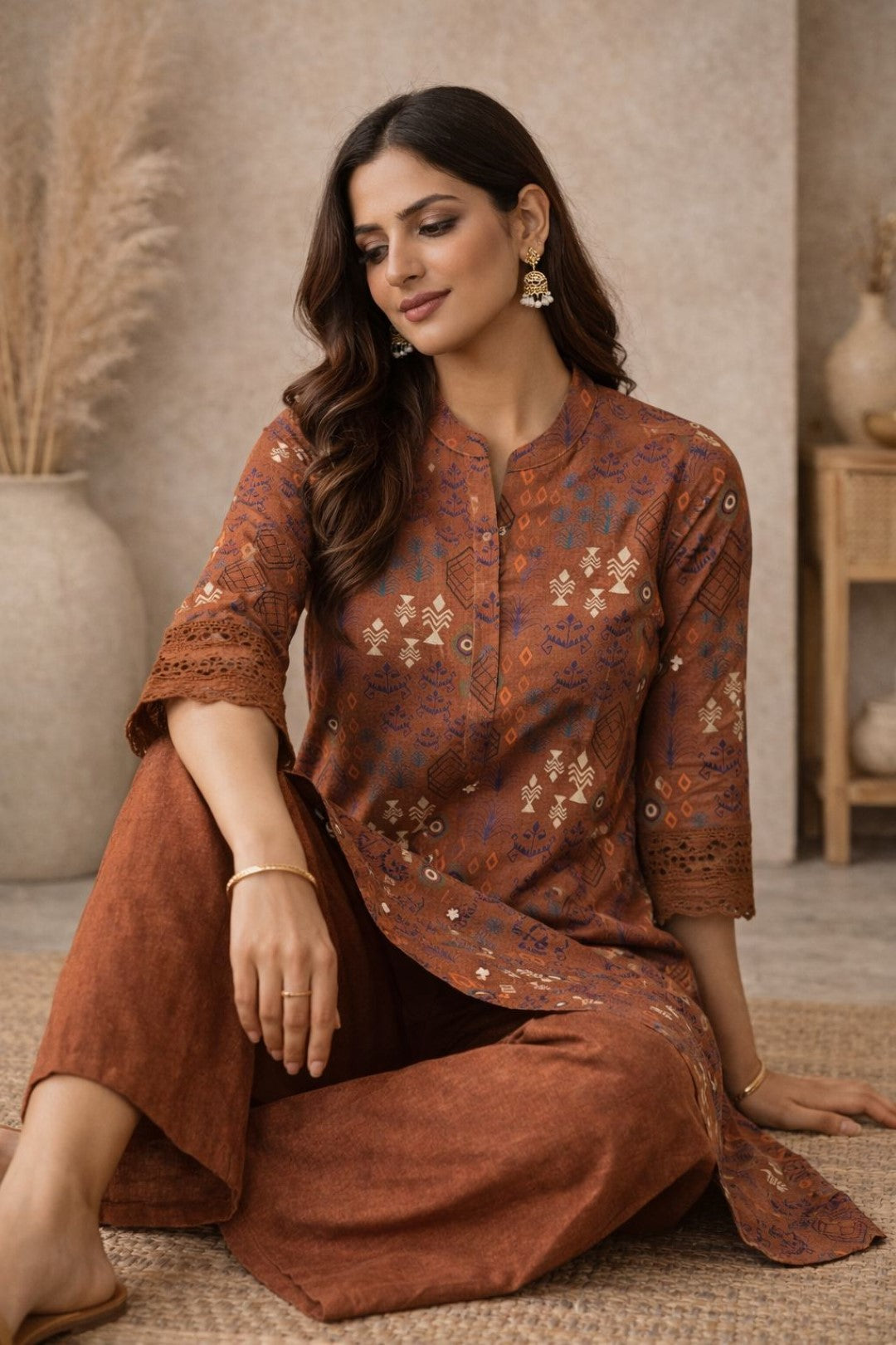 Surbhi russet printed cotton kurta pant set