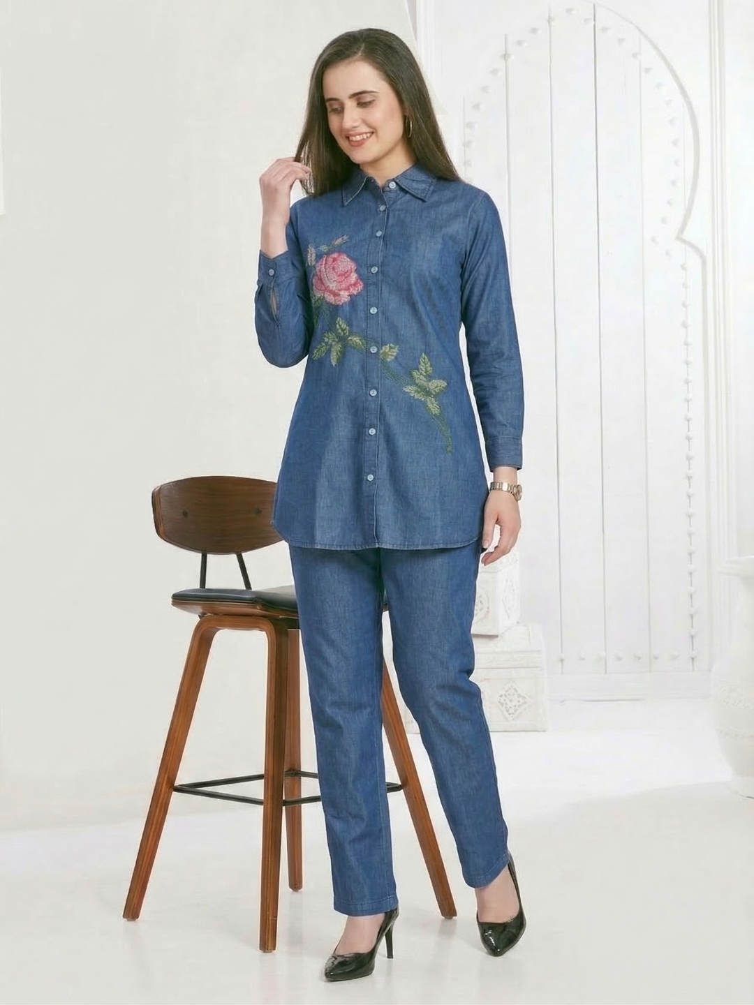 Kipling rose embroidery denim co-ord set
