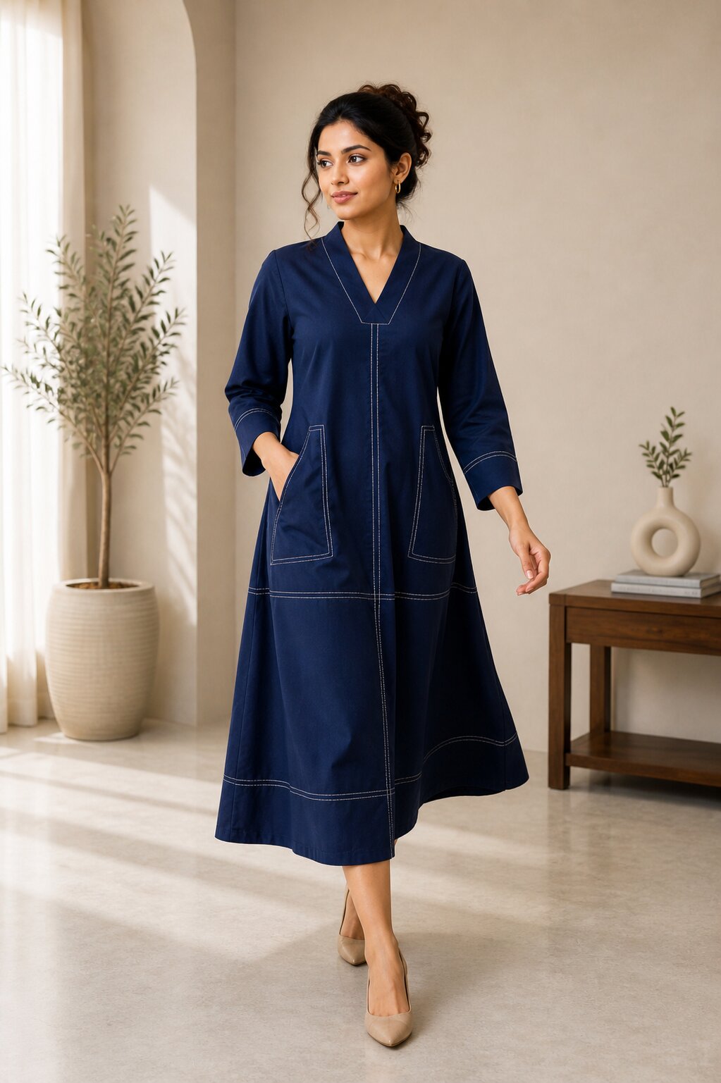 Akshara navy cotton midi dress