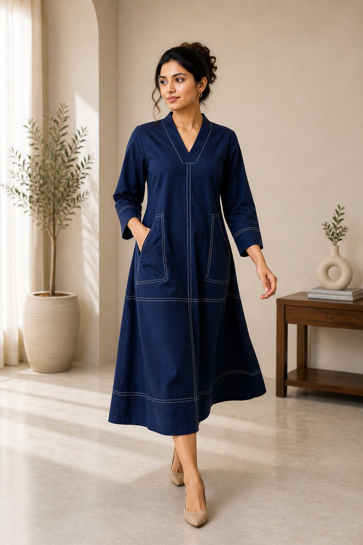 Akshara navy cotton midi dress
