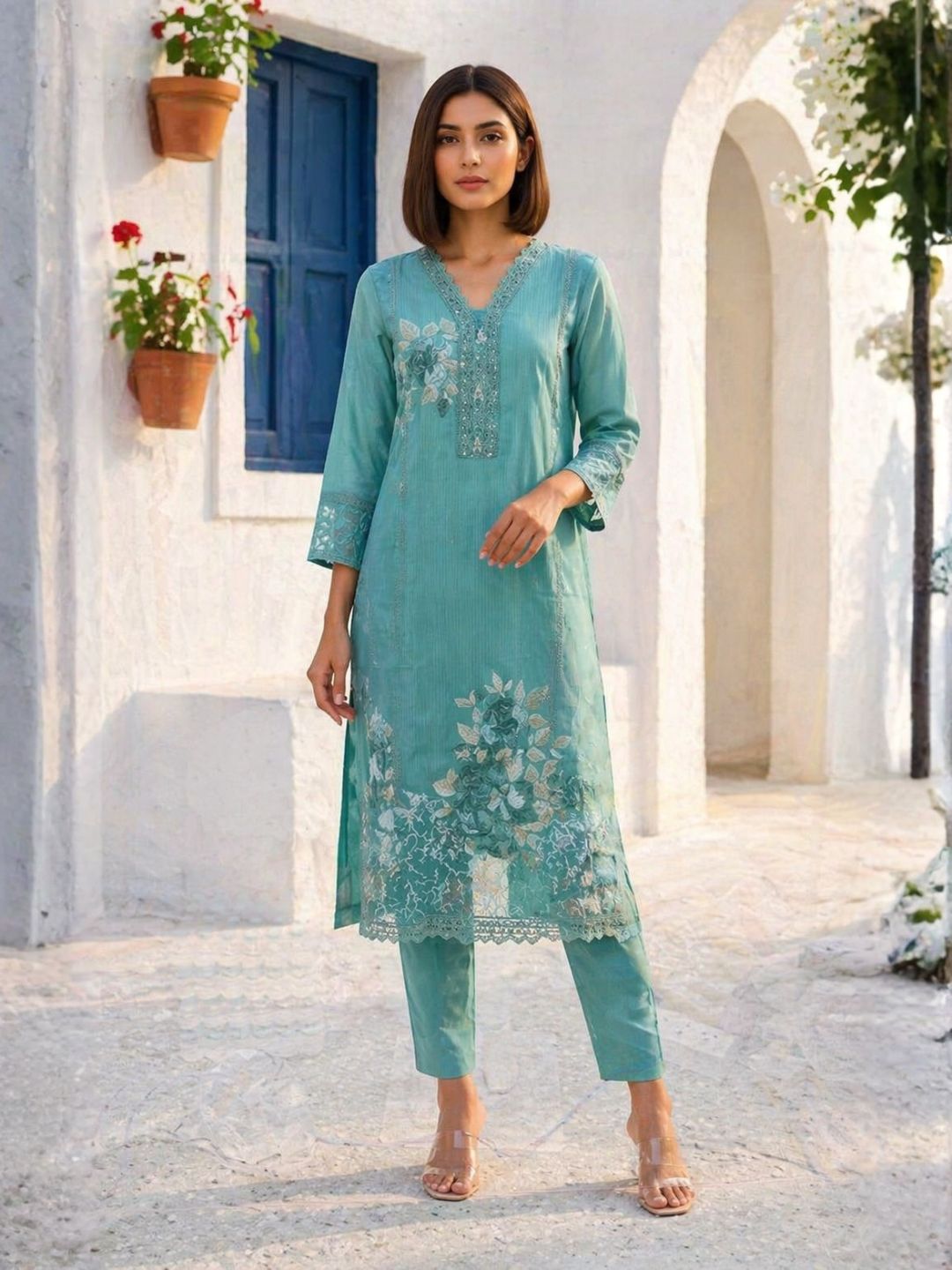 Mahi Sea Lace Work Suit Set