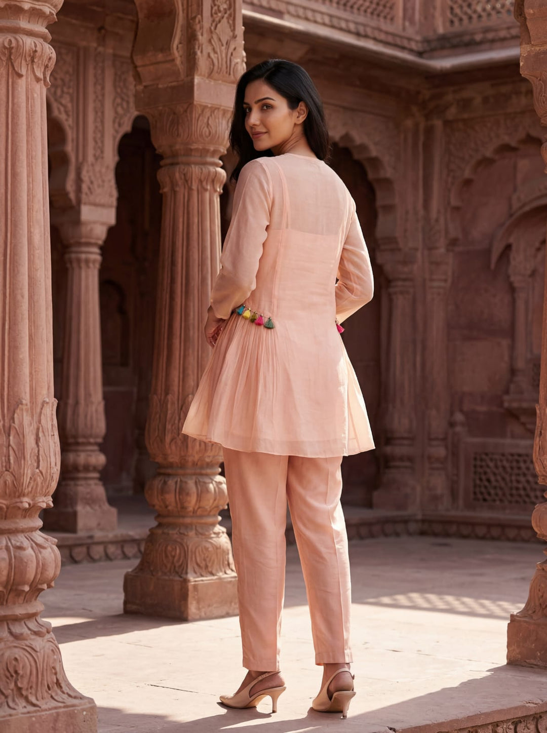 Gaur salmon embroidery cotton co-ord set