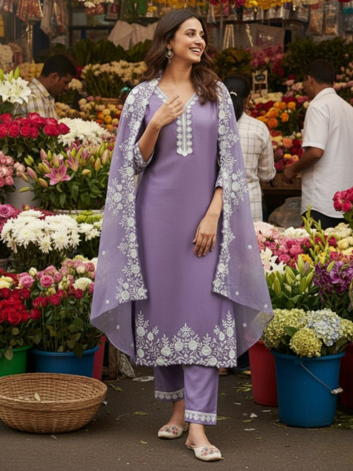 Tara Lavender Embroidered Suit Set