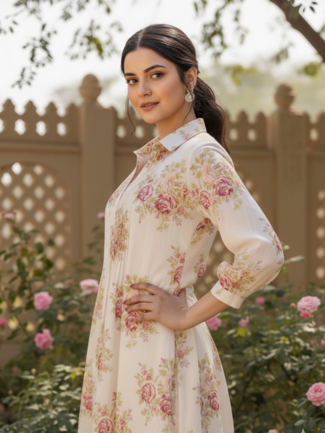 Manjula Caramel Floral Cotton Kurta Pant Set