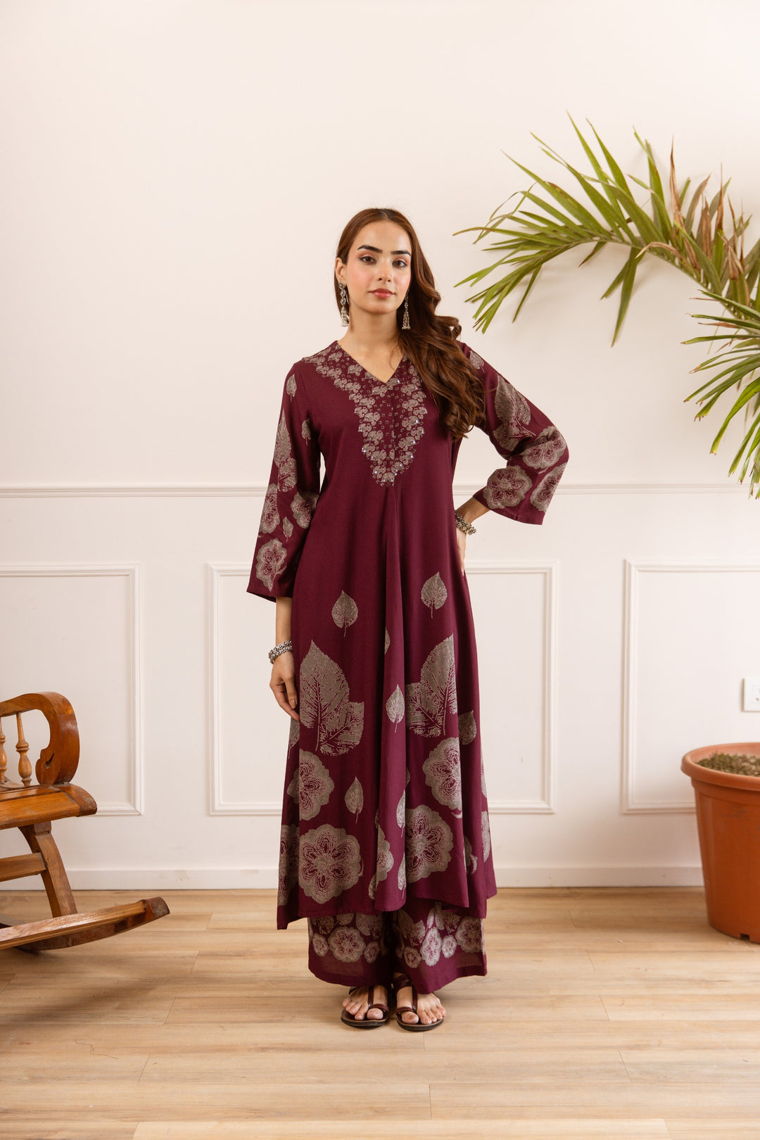 Karen berry wine printed cotton kurta pant set