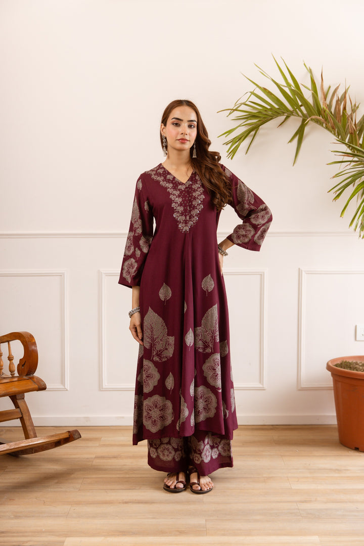 Karen berry wine printed cotton kurta pant set