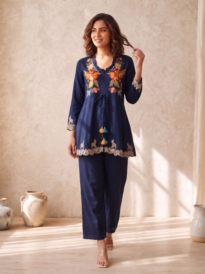 Gaur navy embroidery premium co-ord set
